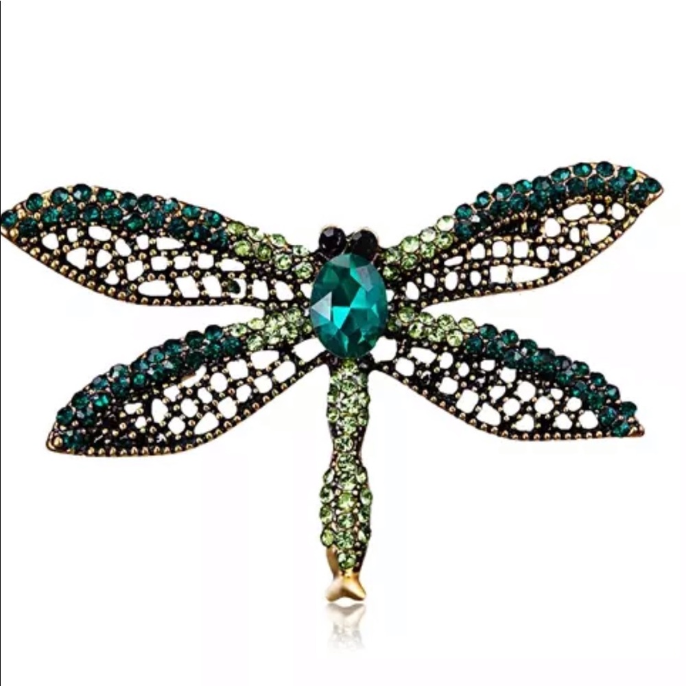 Vintage inspired green rhinestone dragonfly brooch